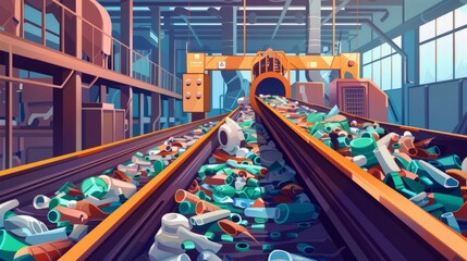 The bustling recycling facility showcases a conveyor belt laden with diverse plastic waste under warm afternoon light, highlighting sustainable efforts