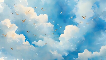 Wall Mural - gentle blue watercolor sky with soft clouds and soaring birds in a serene summer atmosphere