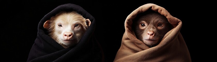 Two adorable animals wrapped in blankets, showcasing expressive faces against a dark background, perfect for creative projects.