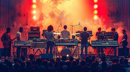 The image shows a group of musicians silhouetted against a vibrant orange background, with several guitarists and a drummer performing together in a dramatic, atmospheric scene.