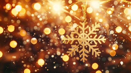 Poster - gold christmas snowflake ornament hangs against background of twinkling festive bokeh lights