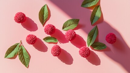 Poster - Top view, a simple and vibrant origami lychee composition arranged on a soft pink background with playful shadows