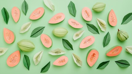 Top view, a simple and fresh origami guava composition arranged on a pastel green background, with a clean and modern design