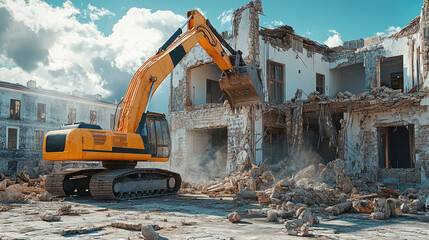 Witness the demolition process as an excavator dismantles a dilapidated house, clearing the way for future construction and urban renewal.