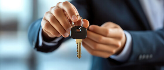 A real estate agent presents a house key to a new homeowner, symbolizing the successful purchase of a property and the importance of housing insurance.