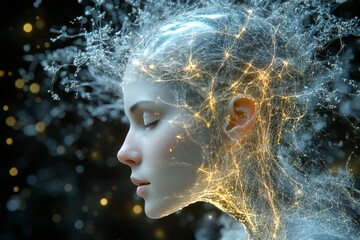 Canvas Print - Side profile of a woman with a glowing brain like neural effect representing intelligence cognition and the futuristic fusion of human thought and technology in a serene ethereal setting