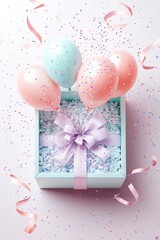 Wall Mural - Colorful heart shaped balloons in a gift box with ribbon and confetti