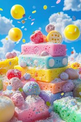 Wall Mural - Colorful marshmallow and candy inspired party scene with balloons