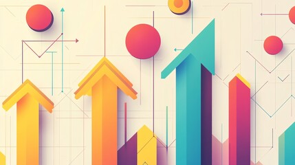 Vector illustration of a financial growth chart with bold upward arrows, clean lines and geometric shapes, vibrant color palette, top-down view, minimalistic scene with a grid layout, light