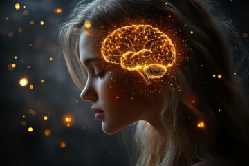 Sticker - Side profile of a young woman with a glowing brain like pattern symbolizing thought intelligence and the merging of human cognition with technology in a futuristic environment