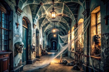 Creepy dimly-lit abandoned asylum hallway adorned with cobwebs, skeletons, and gruesome props, set the eerie atmosphere for a haunting Halloween celebration.