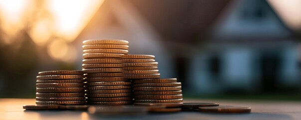 Stacks of coins in front of a house at sunset, representing wealth, investment, and financial growth.