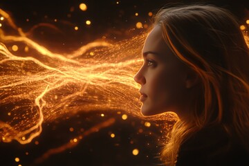 Poster - Side profile of a woman with glowing orange light patterns symbolizing energy power and the fusion of human spirit with advanced digital technology