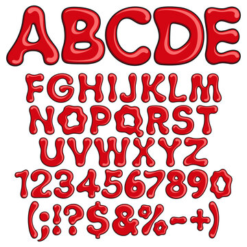 Font, letters numbers and symbols of blood for halloween. Isolated vector objects on white background.