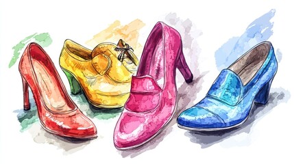 Wall Mural - Watercolor illustration of four colorful stylish women's shoes.