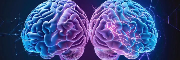 Wall Mural - Brainy Blues: The human brain's left and right hemispheres in blue and purple tones, emphasizing neural connections.