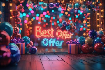 Wall Mural - Colorful neon sign 'Best offer' with gifts and bokeh lights