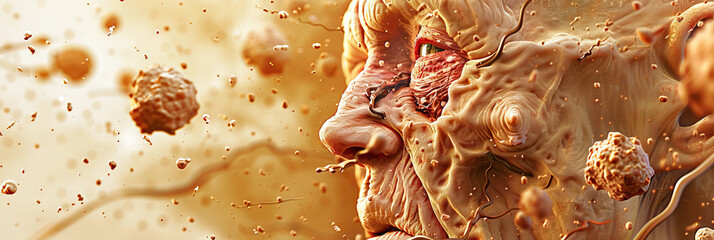 Wall Mural - Aging Effects: Senior skin cells in various stages of damage, with wrinkles and age spots against an aged background.