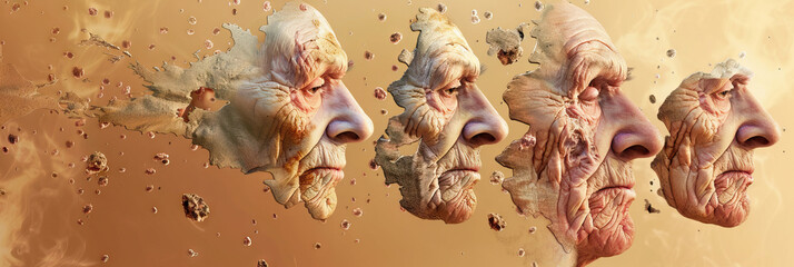 Wall Mural - Aging Effects: Senior skin cells in various stages of damage, with wrinkles and age spots against an aged background.