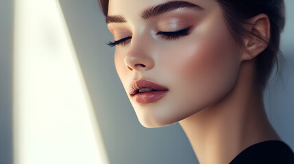 Poster - Close-up of a beautiful model's face with little makeup on a neutral background. Ideal for advertising beauty and makeup products