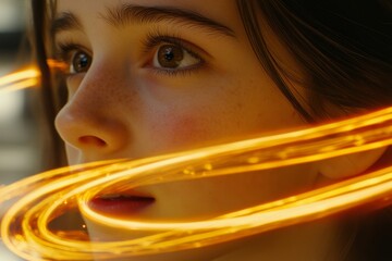 Sticker - Close up of a woman with swirling golden light around her head symbolizing energy creativity and the dynamic connection between thought and artistic expression