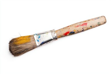 A worn and used paint brush with paint-covered bristles, symbol of artistic passion, isolated on white background