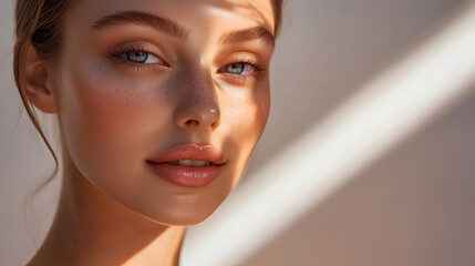 Close-up of a beautiful model's face with little makeup on a neutral background. Ideal for advertising beauty and makeup products