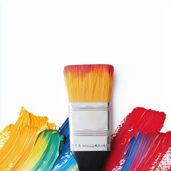 A flat paint brush creating broad, colorful strokes, dynamic and artistic expression, isolated on white background