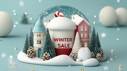 A festive winter sale scene featuring a charming snow globe with a holiday theme, perfect for seasonal promotions.