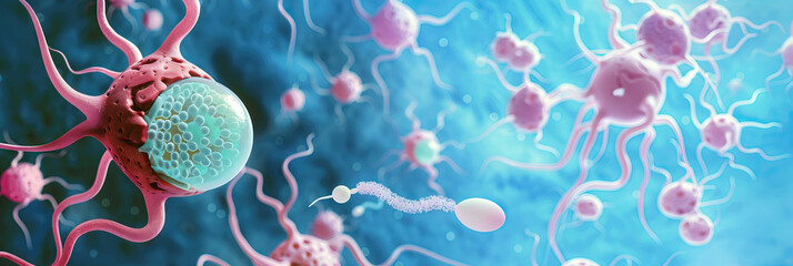 Fertility Foundations: Male and female reproductive cells, with sperm swimming toward an egg on a blue background.