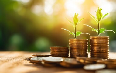 Coins stacked with green plants symbolize growth, investment, and financial prosperity in a vibrant natural setting.