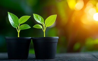 Two vibrant green plants in black pots symbolize growth and nature against a soft blurred background of sunlight.