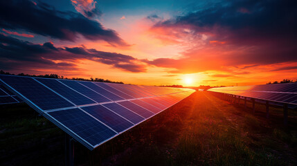 Wall Mural - A stunning solar cell farm at sunset showcasing vibrant colors and dramatic skies, highlighting beauty of renewable energy