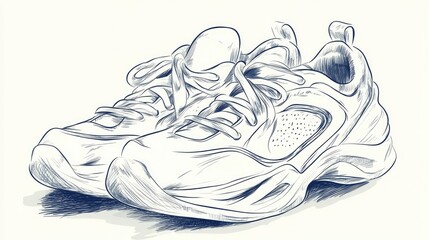 A hand-drawn illustration of a pair of white running shoes.