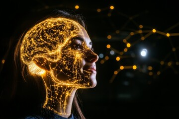 Canvas Print - Side profile of a woman with glowing golden neural patterns symbolizing intelligence human cognition and the connection between mind and advanced digital technology