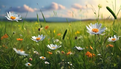 Vibrant Field of Grass and Wildflowers Under a Clear Blue Sky