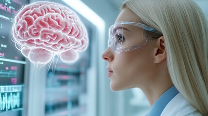 Canvas Print - A woman in lab coat looking at a brain on screen, AI