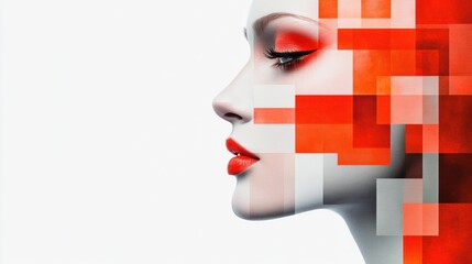 Poster - A woman with red lips and geometric shapes on her face, AI