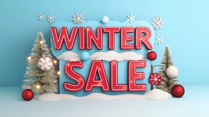 Vibrant winter sale sign with decorative trees and festive elements, perfect for seasonal promotions and marketing campaigns.