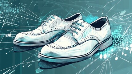 Wall Mural - A pair of white leather shoes with laces on a teal and white background.