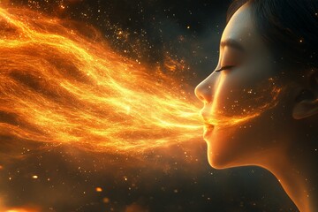 Poster - Side profile of a woman with fiery light emitting from her mouth symbolizing expression energy and the release of human creativity in a dynamic form