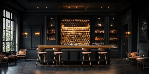 luxury classic black cafe interior design with elegant wooden bar table, wooden chairs and unique honeycomb wall 