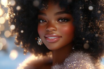 Sticker - Portrait of a smiling woman with glowing highlights in her hair symbolizing beauty joy and the fusion of natural elegance with modern light effects