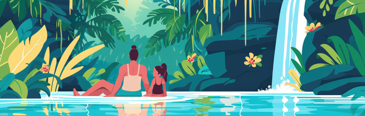 a mother and her young daughter sit peacefully in a calm pool, surrounded by vibrant tropical foliag