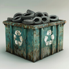 Tires recycling - waste container is full of used black rubber car tires