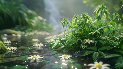 Sticker - Tranquil Forest Stream with Rain and Sunlight