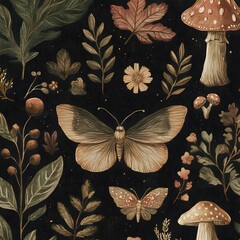 Gold and Black Floral and Fungi Pattern