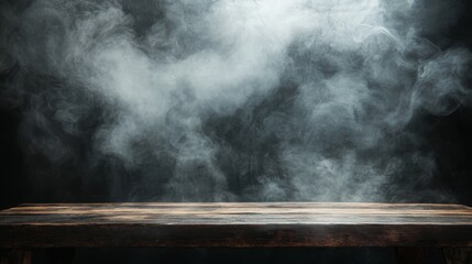 Wooden table with smoke on dark background, atmospheric concept