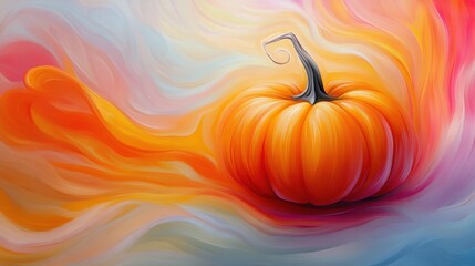 Sticker - A painting of a pumpkin on an abstract background with swirls, AI