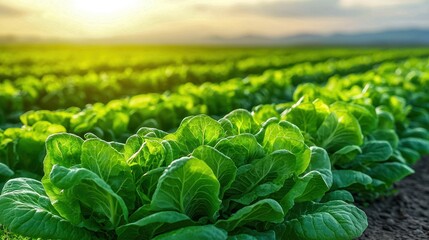 Vibrant green lettuce leaves growing in a sunlit field, showcasing the beauty of fresh agriculture and healthy farming practices.